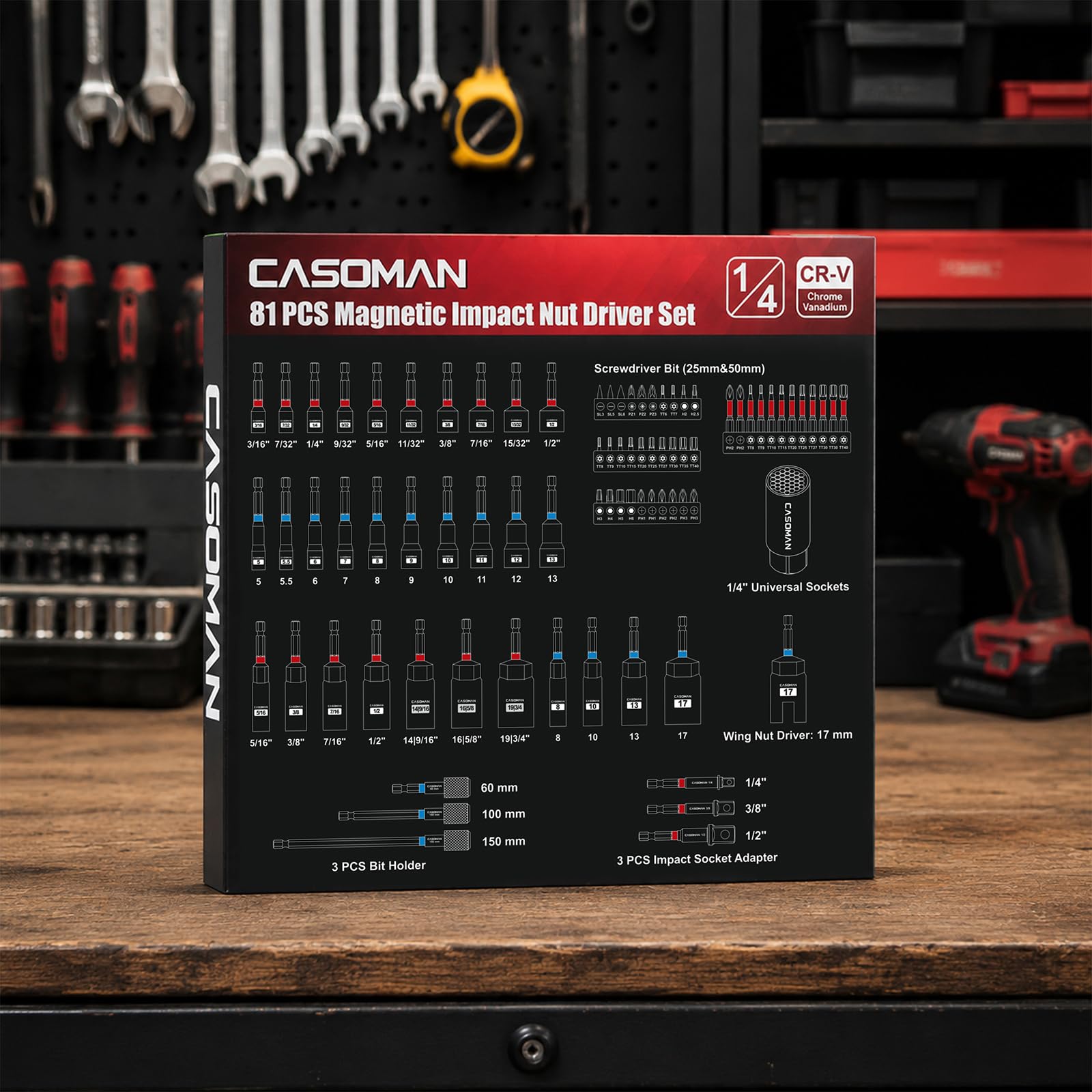 CASOMAN Set di 81 cacciaviti magnetici per trapano a percussione, sistema metrico e SAE, include punte per cacciavite, supporto di estensione per punte a sgancio rapido, adattatori per bussole