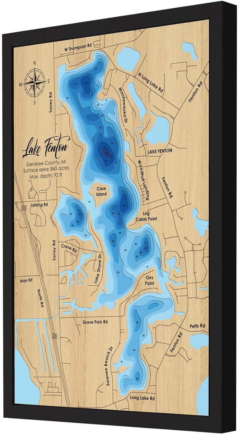 Personalized 3D Lake Fenton Wood Map - Lake Depth Map Art - 9-Layer Handcraft Nautical Decor - Rustic Wall Art for Lake House, Cabin - Gifts for 5th Anniversary, Father’s Day, Christmas, Housewarming