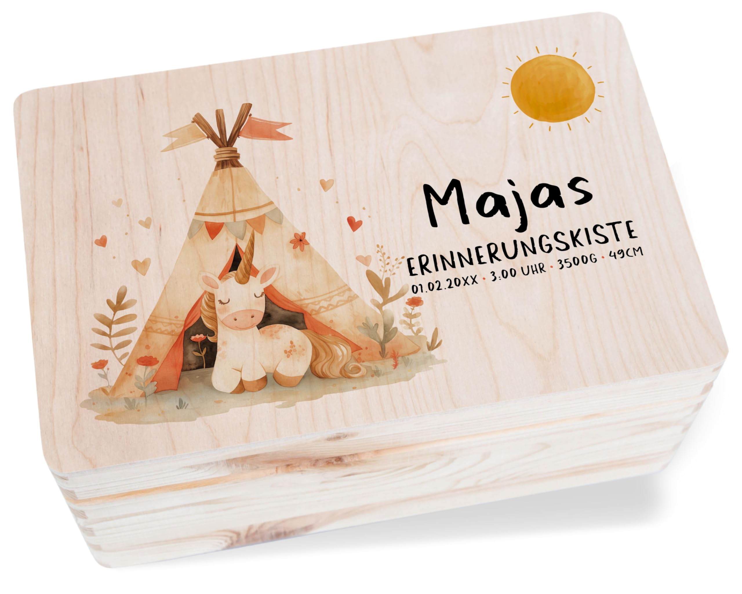 Holz Geschenkbox Holzkiste - Einhörner - Personalisierte Baby Geschenke | Erinnerungskiste Einhorn Name Datum | Erinnerungsbox Baby Personalisiert Mädchen - 30 x 20 x 14 - Holz