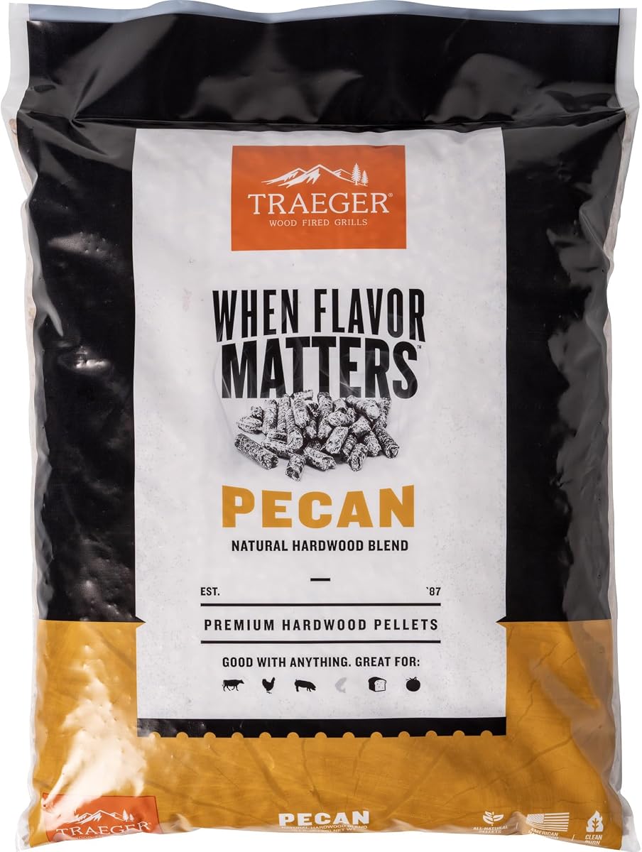 Traeger Grills Pecan Pellets de madera 100% natural para fumadores y parrillas de pellets, barbacoa, hornear, asar, bolsa de 18 lb