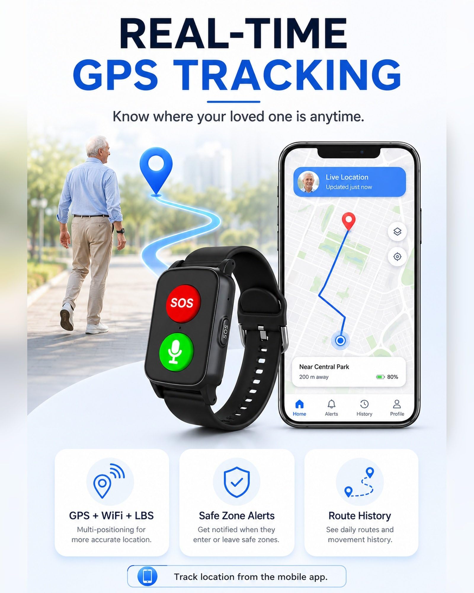 Reloj Localizador GPS para Personas Mayores con Ubicación en Tiempo Real, SOS, Detección de Caídas, Llamadas Claras y Datos de Bienestar