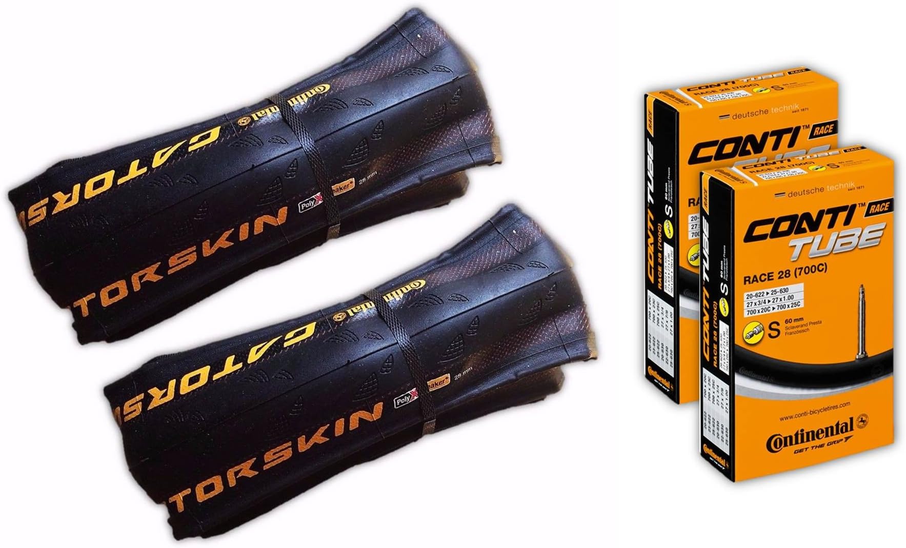 Continental Gatorskin 700x28 Road Bicycle Tire Tube COMBO (2 Tires & 2 Continental 60mm Presta Valve Tubes)