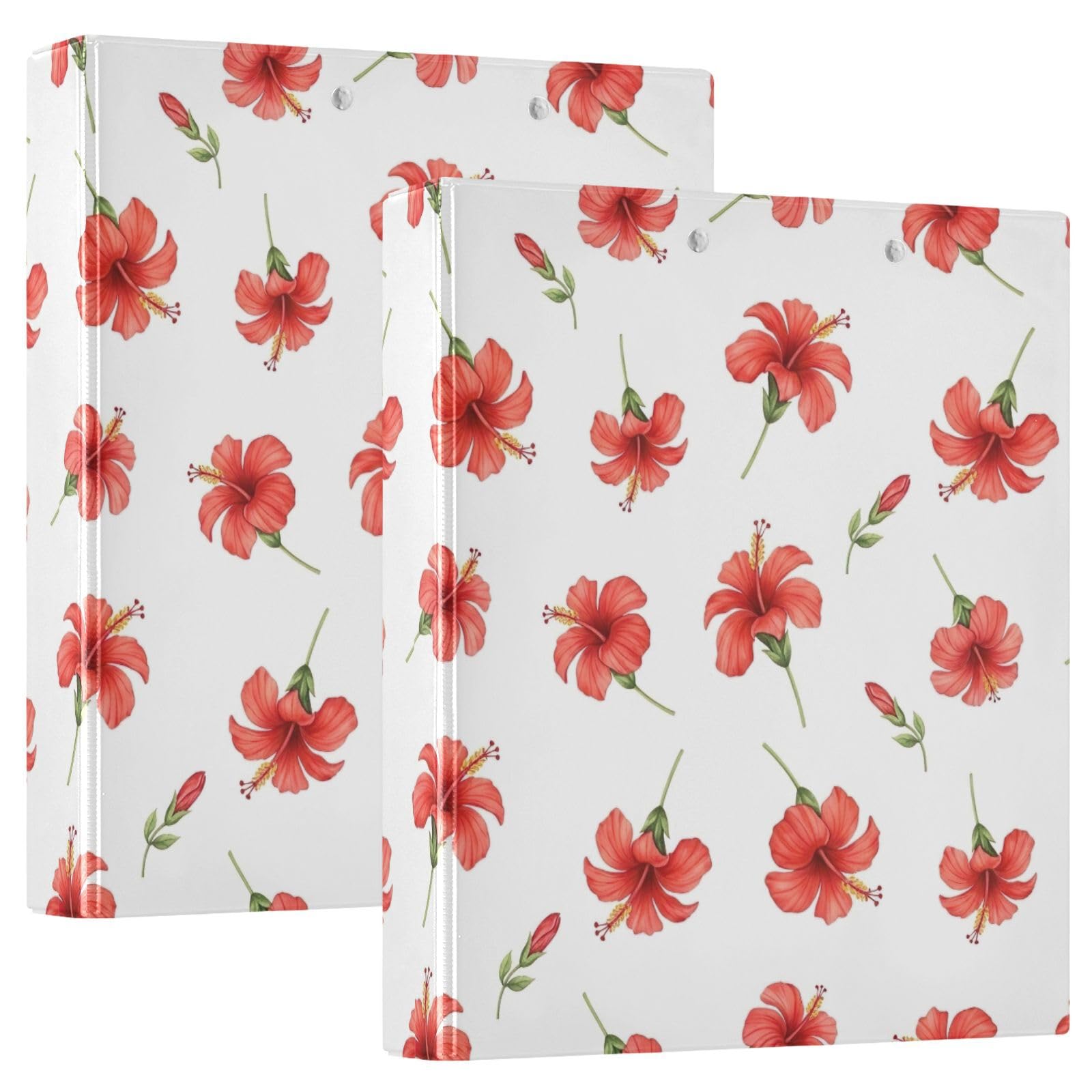 Raccoglitore a 3 anelli, confezione da 2 raccoglitori ad anelli a D con tasche grandi, motivo fiori di ibisco rosso, verde e bianco, per scuola, università, ufficio