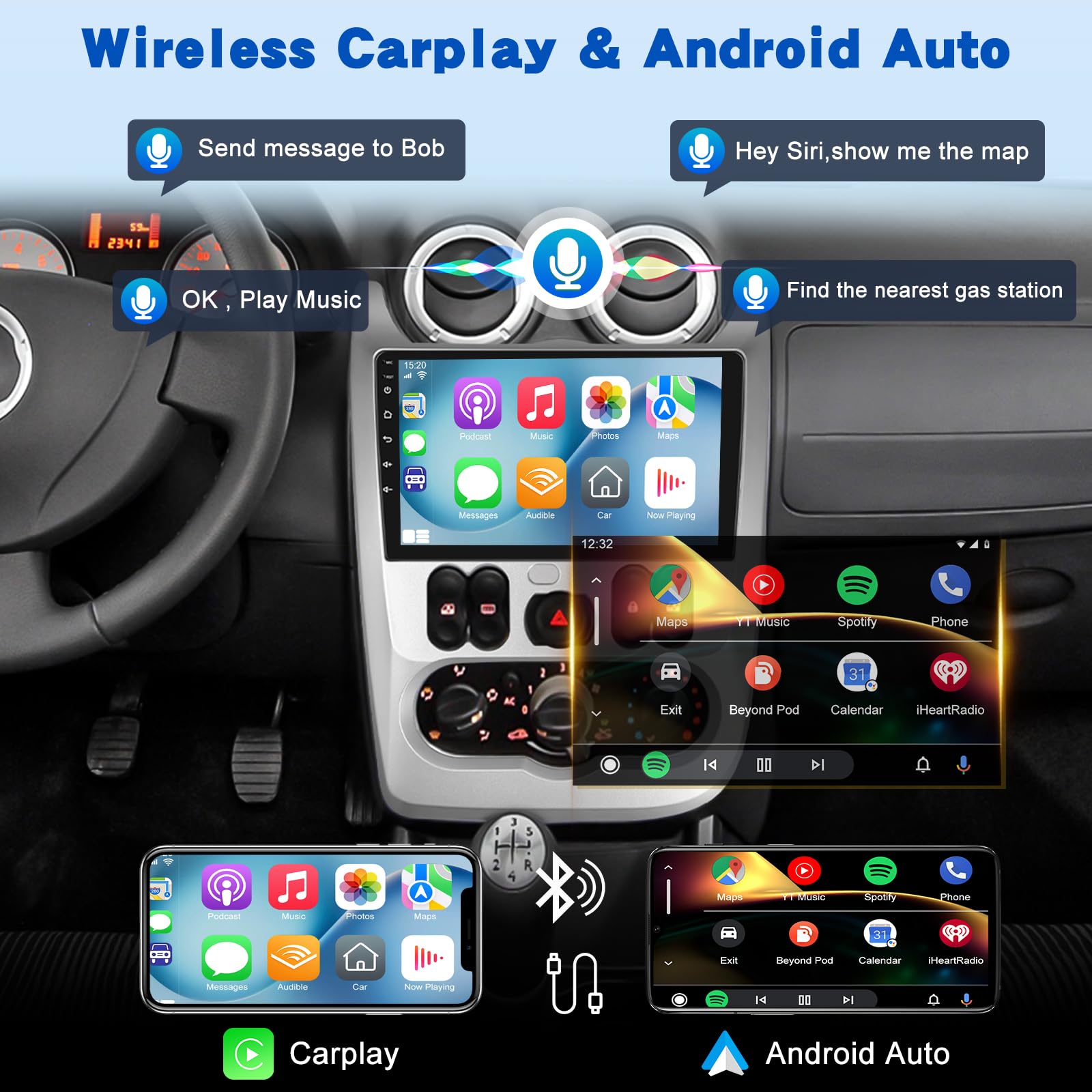 [2G+64G] Android Autoradio pour Renault Logan 1 Sandero 2009-2015/Dacia Duster 2010-2017 avec sans Fil Carplay et Android Auto, Écran Tactile HD de 9 Pouces avec GPS/WiFi/Bluetooth/EQ/FM RDS