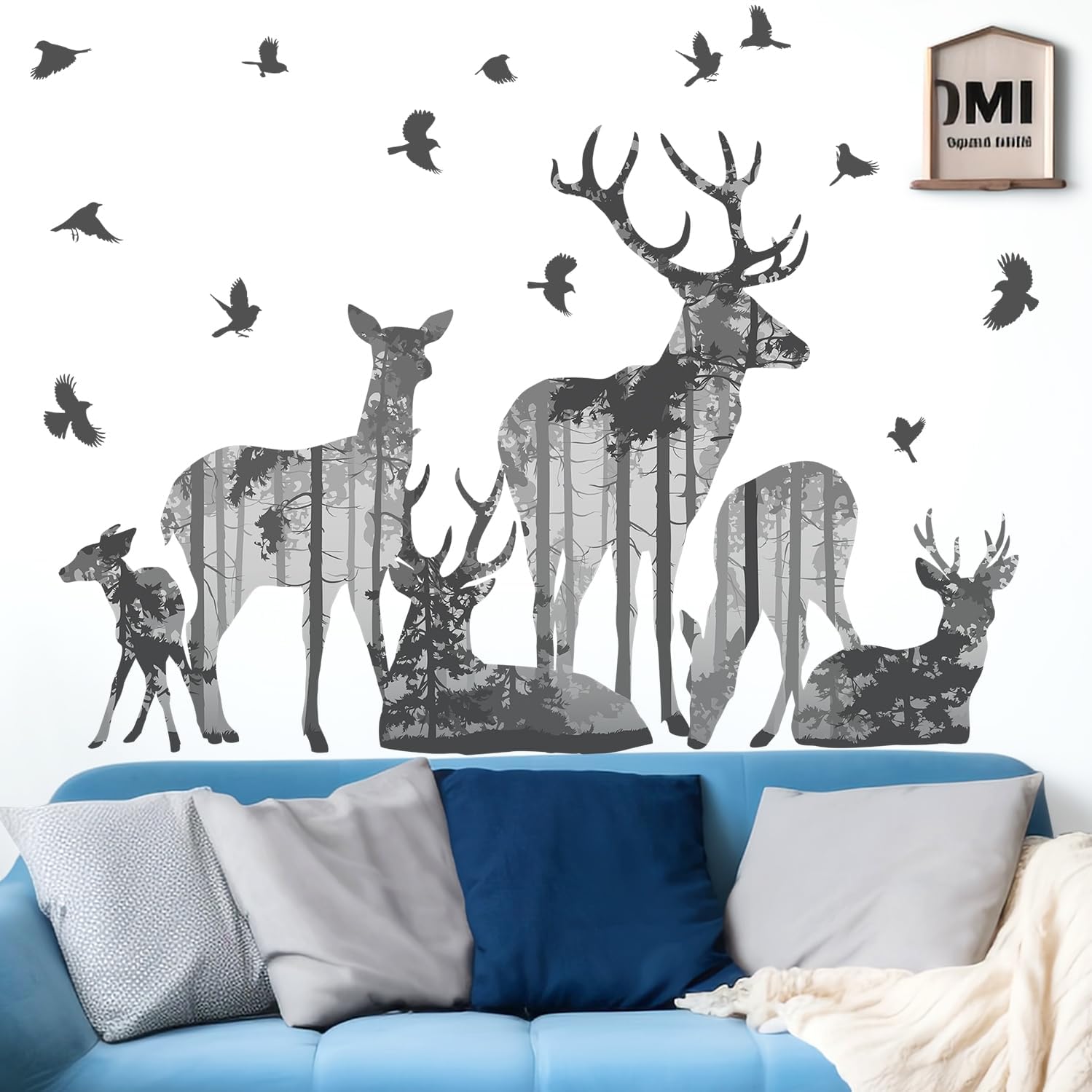 2 Sheets Forests Silhouette Animals Wall Decals Removable Wild Elk Tree Wall Decals Peel and Stick Vinyl Birds Wall Art Decor for Children Nursery Bedroom Living Room Wall Corner Decor