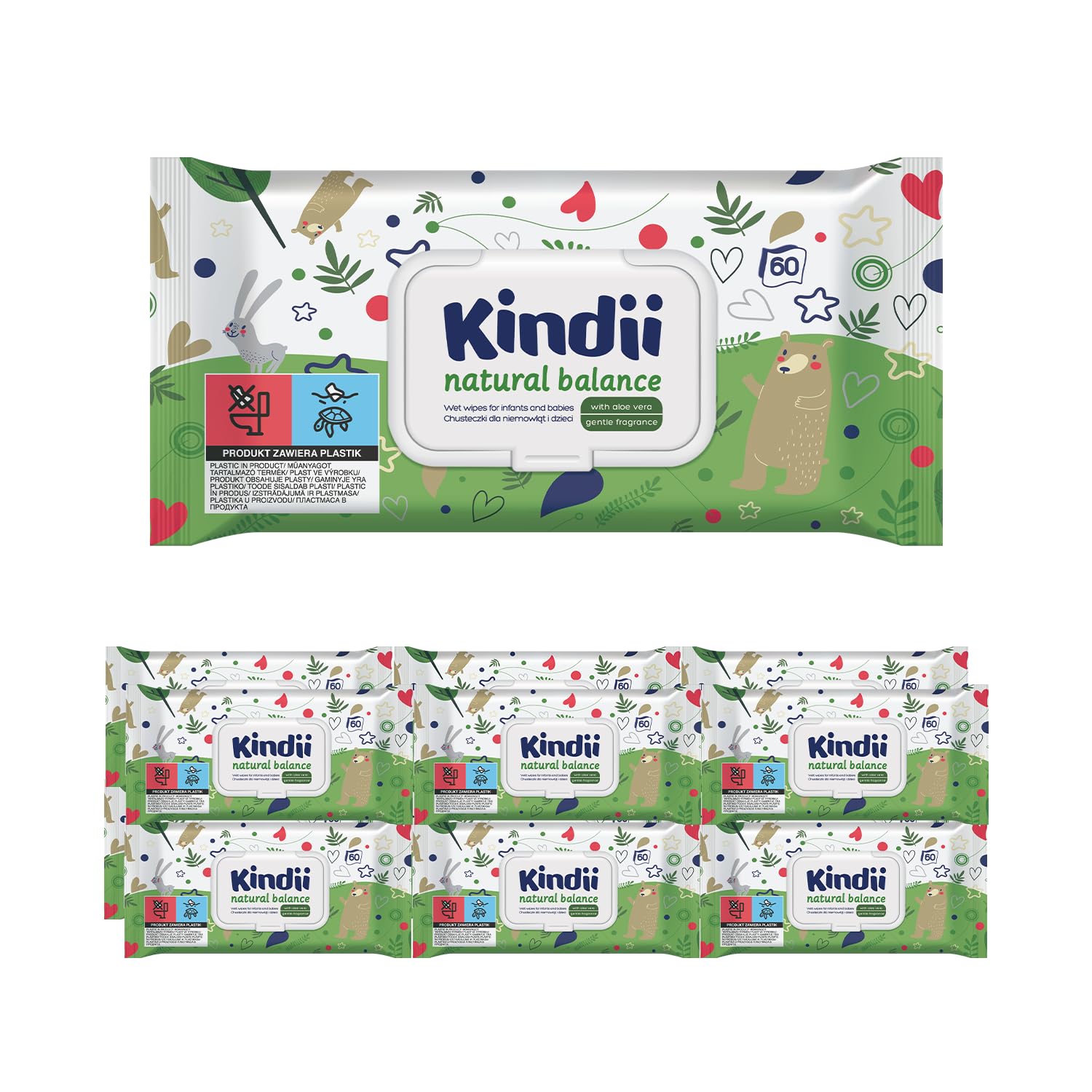Kindii Natural Balance Wet Wipes - (12 x 60 Pieces) Wet Wipes for Babies and Children - Aloe Vera, Protective, Delicate Fragrance - 720 Pieces