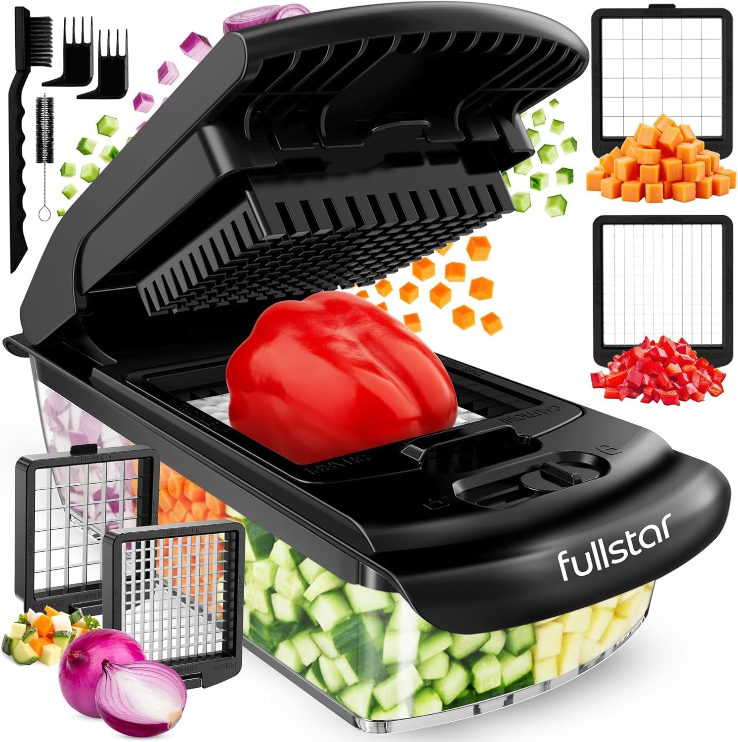 Fullstar 2-in-1 Black Vegetable Cutter - Manual Veggie Onion Salad Food Chopper - Potato Chipper - Veg Chopper and Dicer - Kitchen Tools & Gadgets