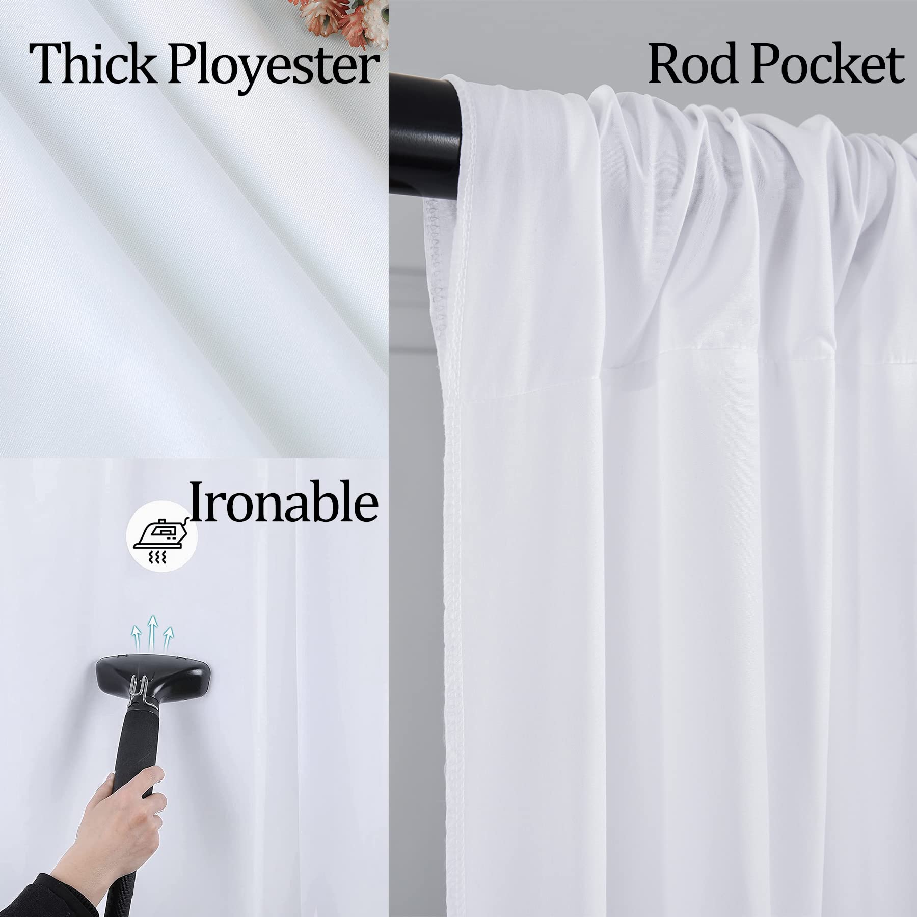 Lot de 6 Panneaux de Rideaux épais et infroissables en Polyester pour fête, Mariage, Anniversaire, Photographie, décoration d'intérieur - 9,1 x 3 m - Blanc