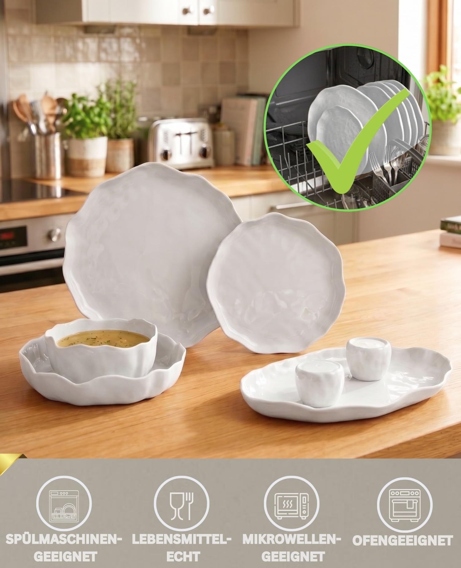 Geschirrset 27-teilig aus Porzellan für 6 Personen – BRICARD Angles White – Tafelservice Weiß mit Speisetellern, Desserttellern, tiefen Tellern & Schalen – spülmaschinen-, mikrowellen- & ofengeeignet