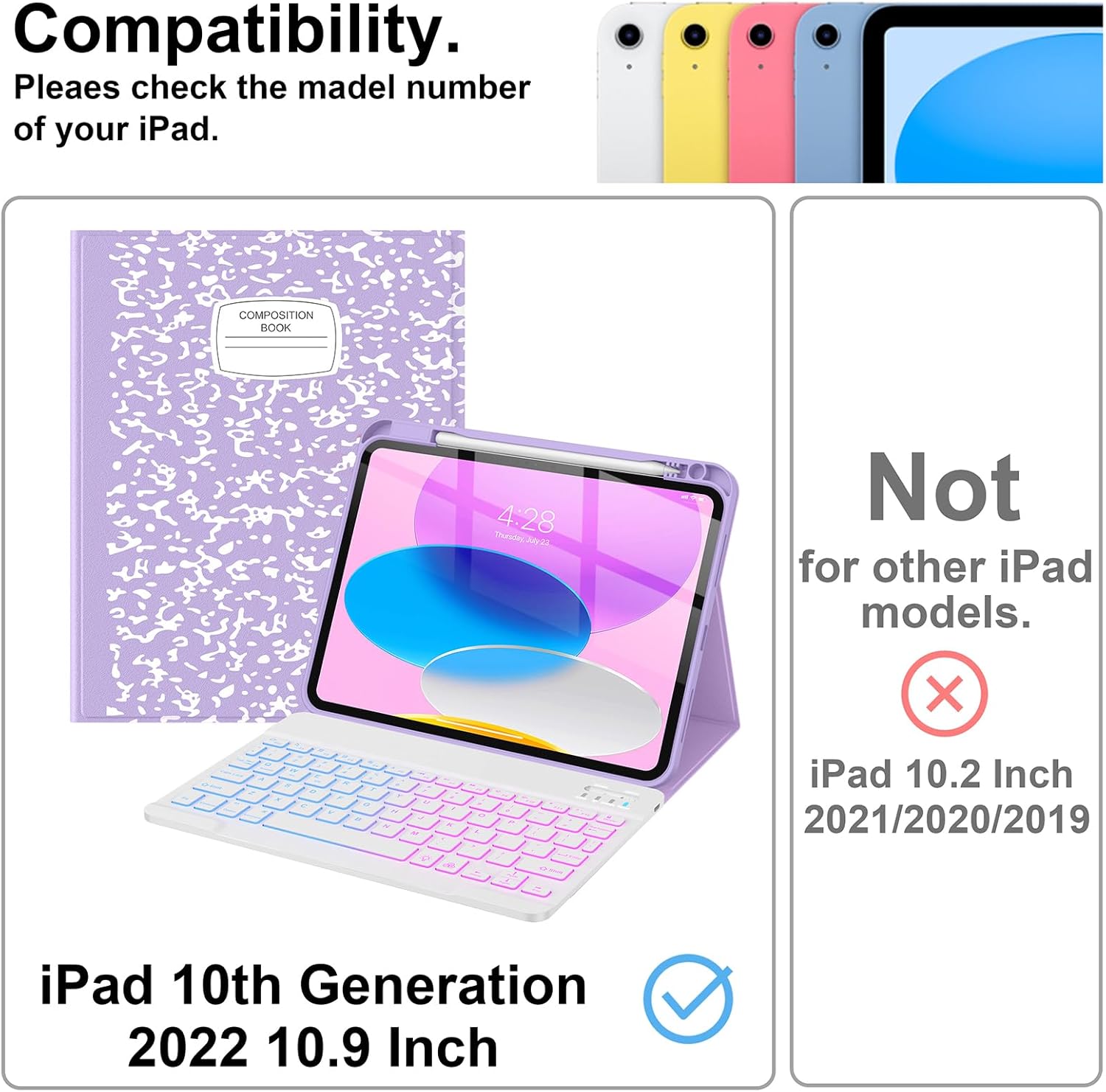 Supveco Keyboard Case for iPad (A16) 11th/10th Generation 11&10.9 Inch with Pencil Holder,7 Colors Backlit Wireless Detachable Folio Keyboard Cover for iPad 11th/10th Gen 2025/2022-Lilac - Image 3