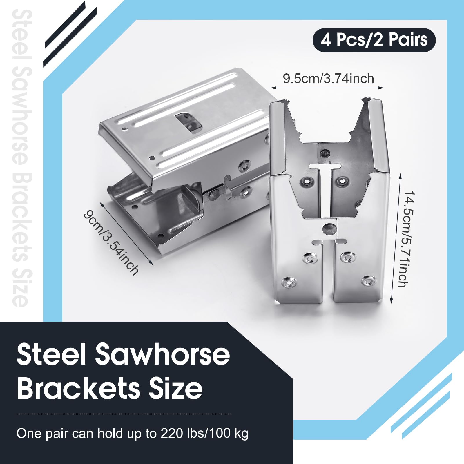Zerone Sawhorse Brackets – Set Of 4 – Cold Rolled Steel – Non-Slip Teeth – 25° Max Opening – Hollowed Design – 1.5mm Thick