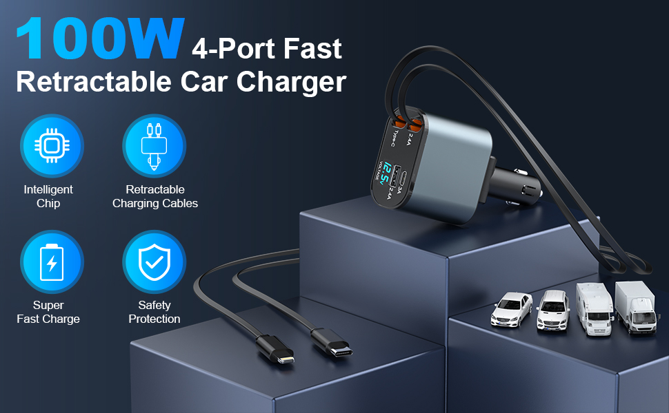 Chargeur Allume-Cigare Usb C : 100 W - Adaptateur Rétractable Pour Allume-Cigare, Station De