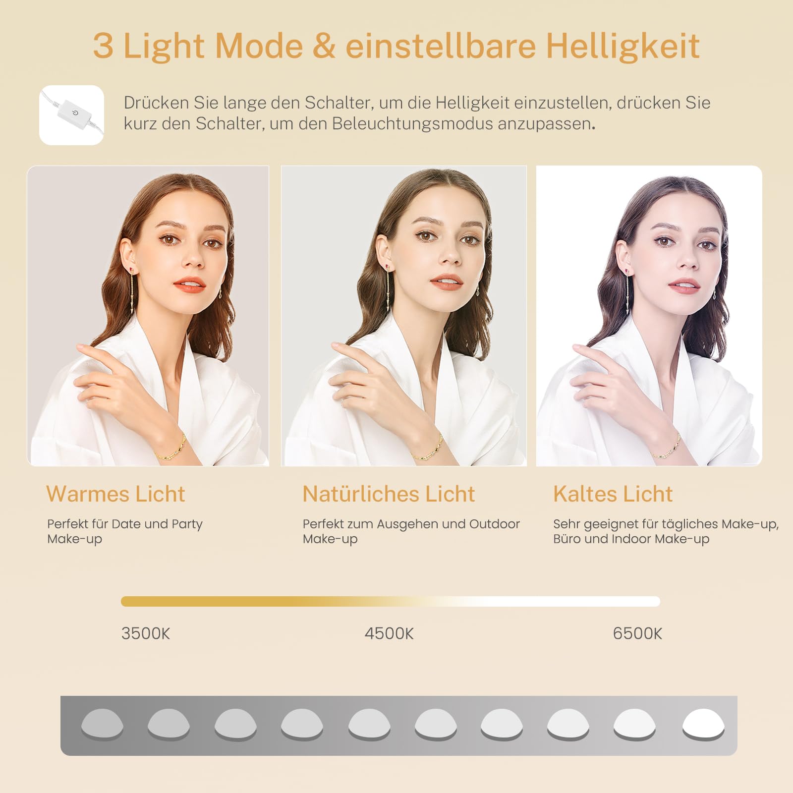 TEENFON Schminktisch mit Beleuchtung, Steckdose, offene Fächer, Schminktisch mit 3 Farben Spiegel, Einstellbarer Helligkeit, Moderne Schminktisch für Schlafzimmer, Weiß, 7 Schubladen Schminktisch