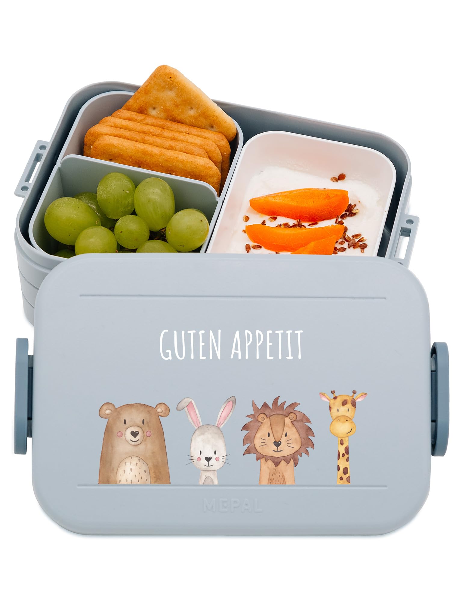 wunderwunsch MEPAL Brotdose Spülmaschinenfest Kinder, Lunchbox mit Einsatz für perfekte Ordnung, Spülmaschine, Mikrowellengeeignet, personalisiert mit niedlichem Motiv (Tiere unten uni, blau)