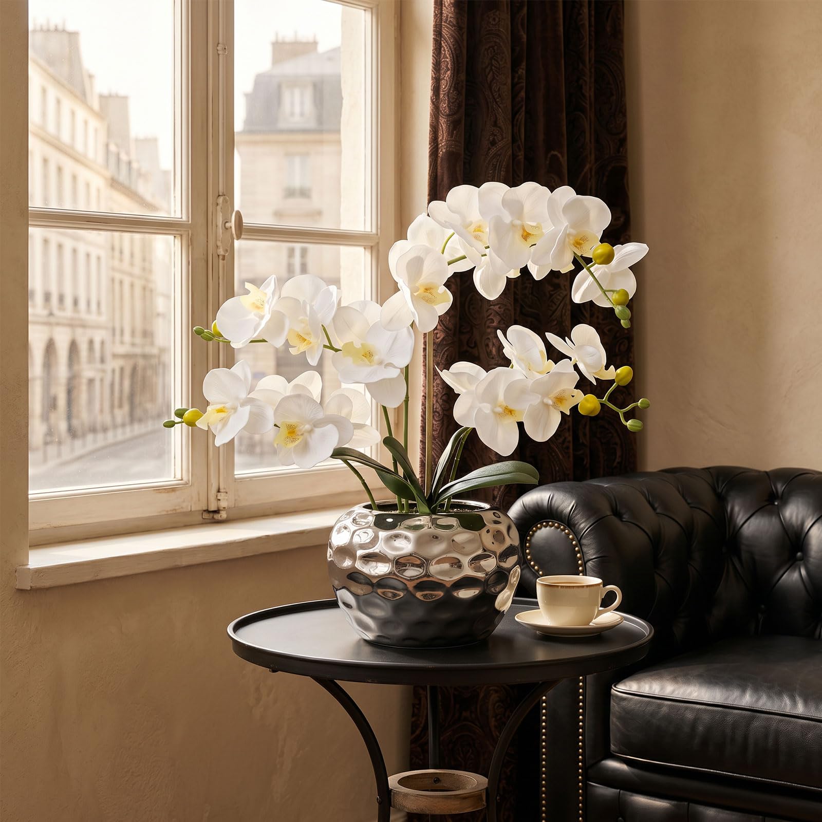 PlusFive Orchidea Finta Realistica Bianca 48 cm, Orchidee Finte, Orchidee Artificiali con vaso, Fiore di Orchidea Artificiale, Pianta Finta da Interno, Regalo Inaugurazione Casa, Soggiorno e Ufficio