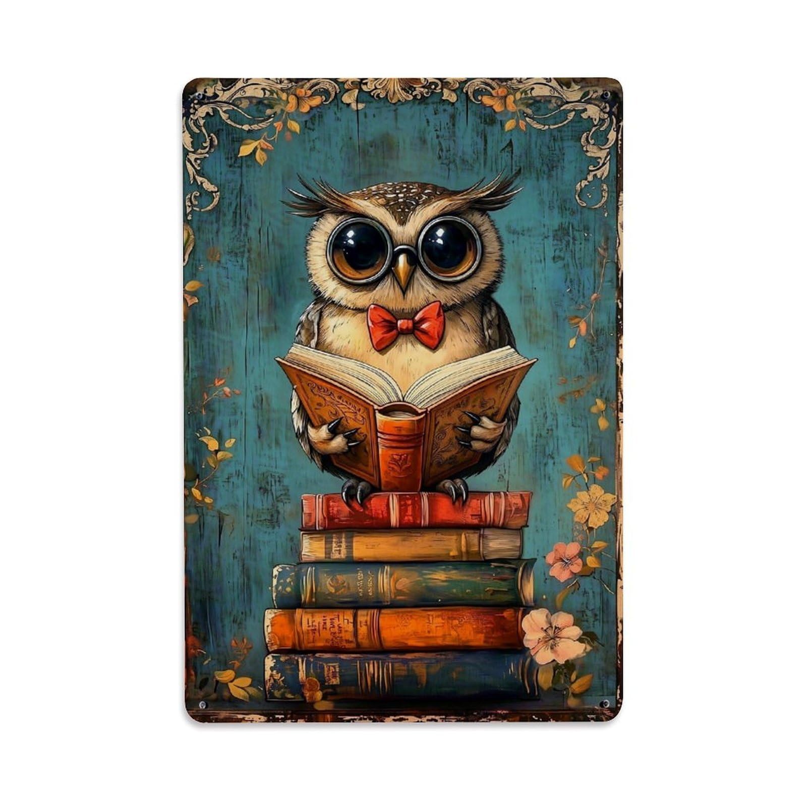 Jdfenggu Vintage Owl Reading Book Stack Floral Retro Metal Tin Sign, Decor Art Poster For Bar, Home, Man Cave, Kitchen, Laundry Room Gift 8X12inch