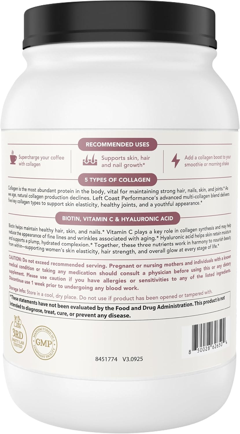 Multi Collagen Powder with Biotin, Hyaluronic Acid, Vitamin C (2lb Value Size) | Hydrolyzed Collagen Supplement (Types I, II, III, V, X). Hair, Skin, Nails for Women, Men