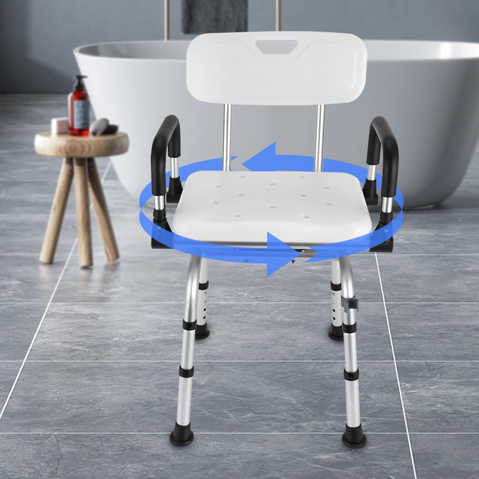 Silla de ducha giratoria de 360 grados, especialmente para personas mayores, altura regulable con respaldo y reposabrazos plegables, capacidad de carga de hasta 180 kg, antideslizante, ideal para