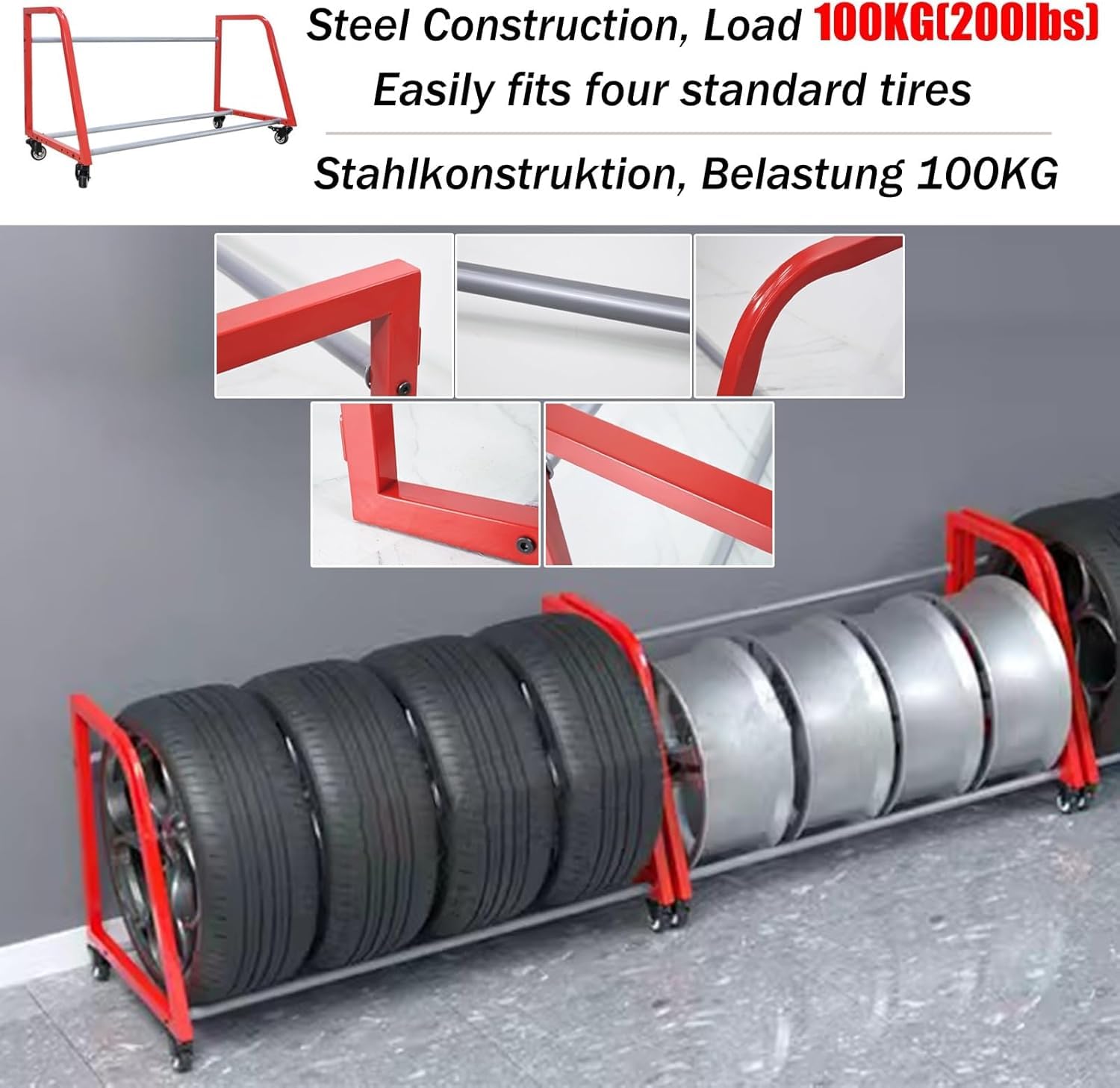 Großer Reserveradhalter Für Wohnmobile/Anhänger/Winterreifen/Schneereifen/SUV-Räder, Garagen-Reifenregal, Felgenständer, Saisonreifen-Lagerregal, Tragkraft 200,Floor Mount with Wheels