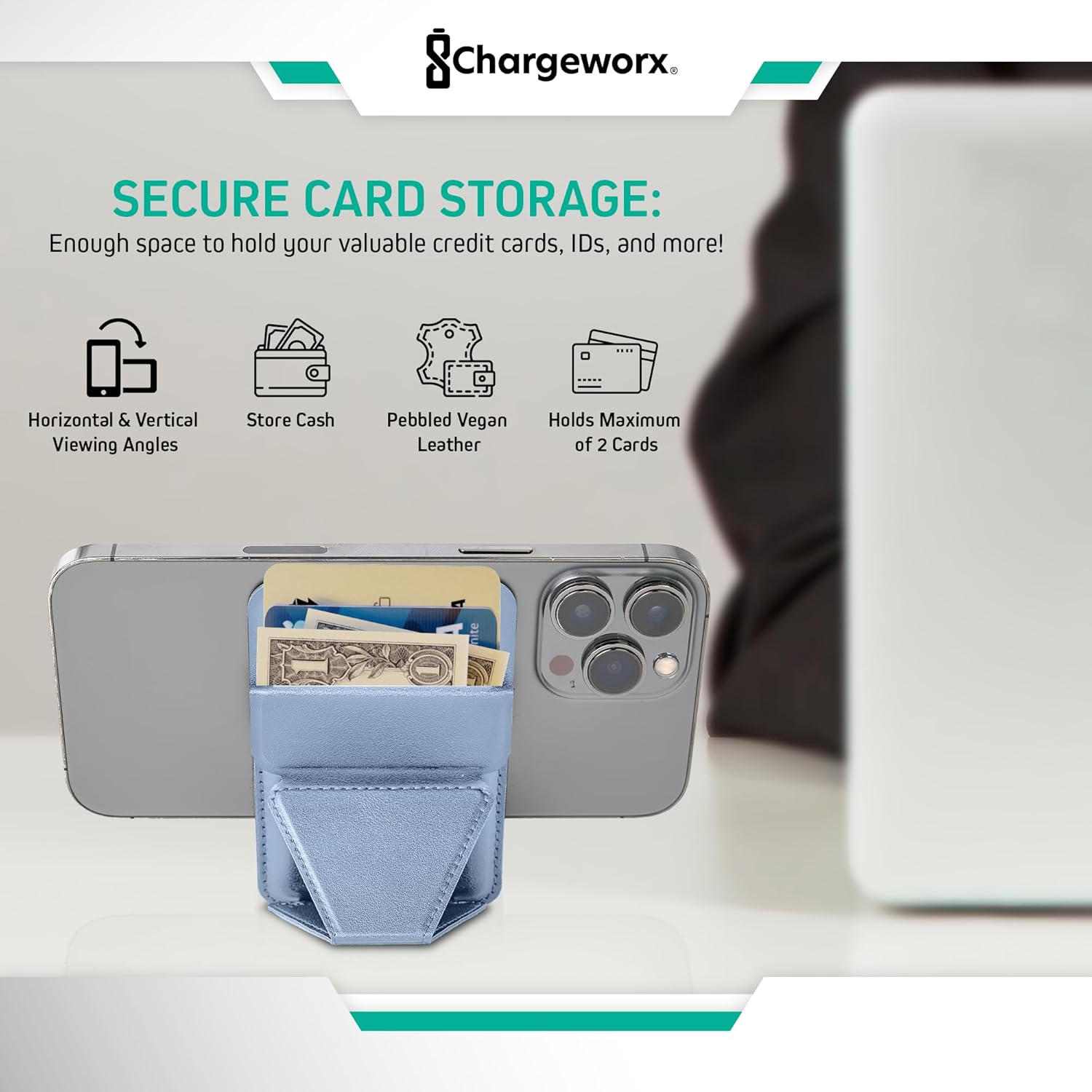 CHARGEWORX Magnetic Wallet for iPhone MagSafe, Slim Card Holder Phone Stand with Strong Magnet Grip, Vegan Leather Minimalist Wallet Case for iPhone 16 15 14 13 12 Pro Max Mini – Blue - Image 3