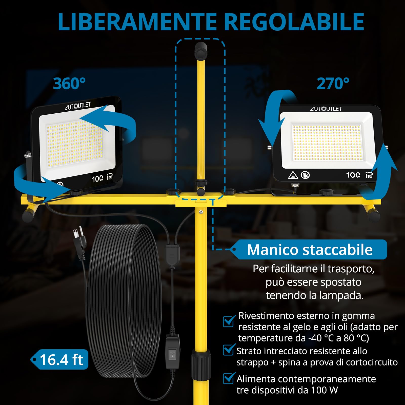 AUTOUTLET Faretto da Cantiere con Treppiede Allungabile,2x 100W 19000LM Faro Led Ricaricabile con 3 Temperature Colore e Cavo di Alimentazione da 5 M,IP66 Impermeabile,per Garage Officina e Esterno