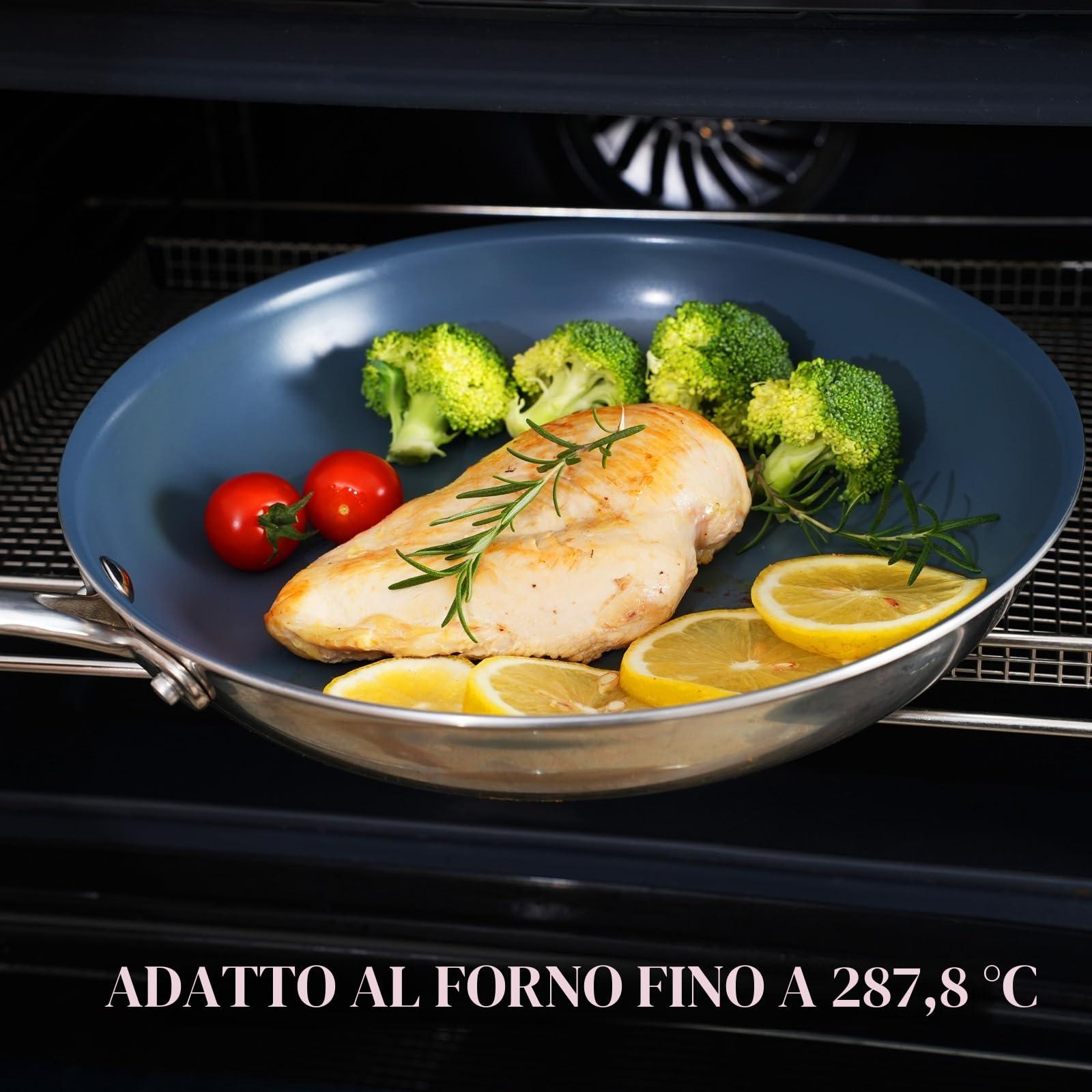 Padella antiaderente in acciaio inox da 26 cm, con rivestimento in ceramica sano, non tossico e coperchio, senza PTFE, PFAS, PFOA, adatta per fornelli a induzione, elettrici e a gas, lavabile in.
