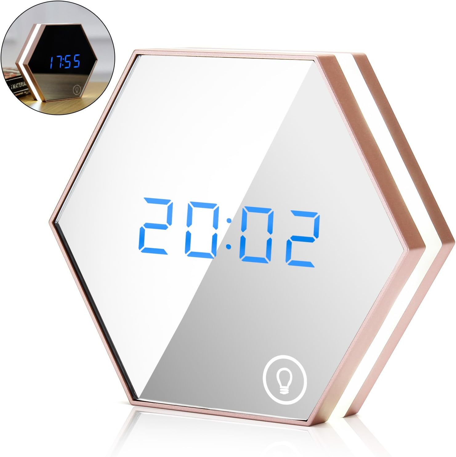 Dobet Mirror Alarm Clock, Multi-Function Digital Alarm Clock, Makeup Mirror, LED Touch Sensor Night Light, Time/Calendar/Temperature Display For Indoor Outdoor Travel Use (Champagne Gold)