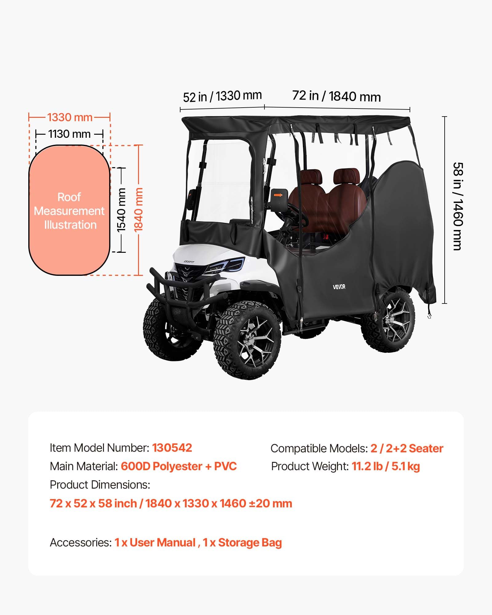 VEVOR Golfwagenabdeckung Sichtbar für 2-Sitzer-Golfwagen (die Meisten Golfcart von Club Car, Yamaha, EZGO & Honda), Regenabdeckung aus 600D-Oxford-Gewebe, mit PU-Beschichtung & Winddichtem Hakensystem