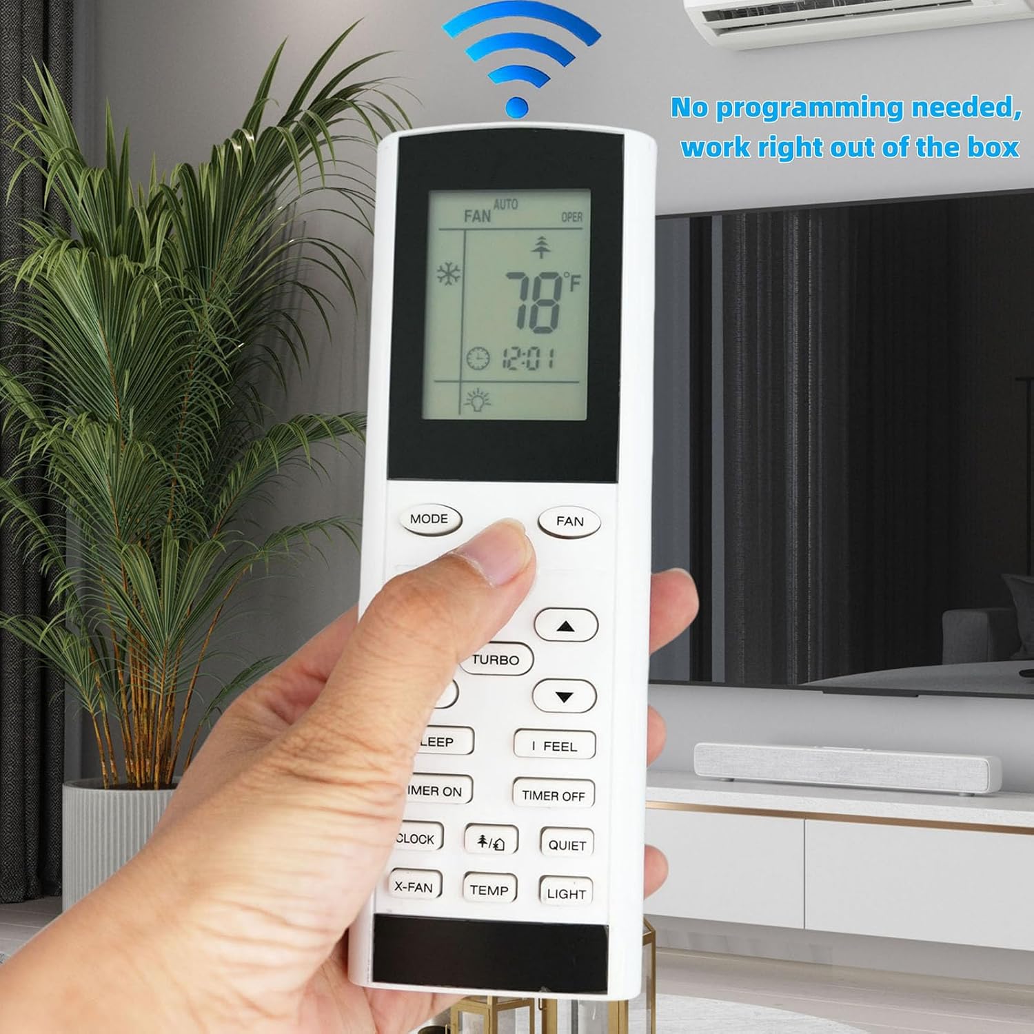Hand holding the YAC1FB remote control, pointing towards an air conditioner, with text indicating no programming is needed.