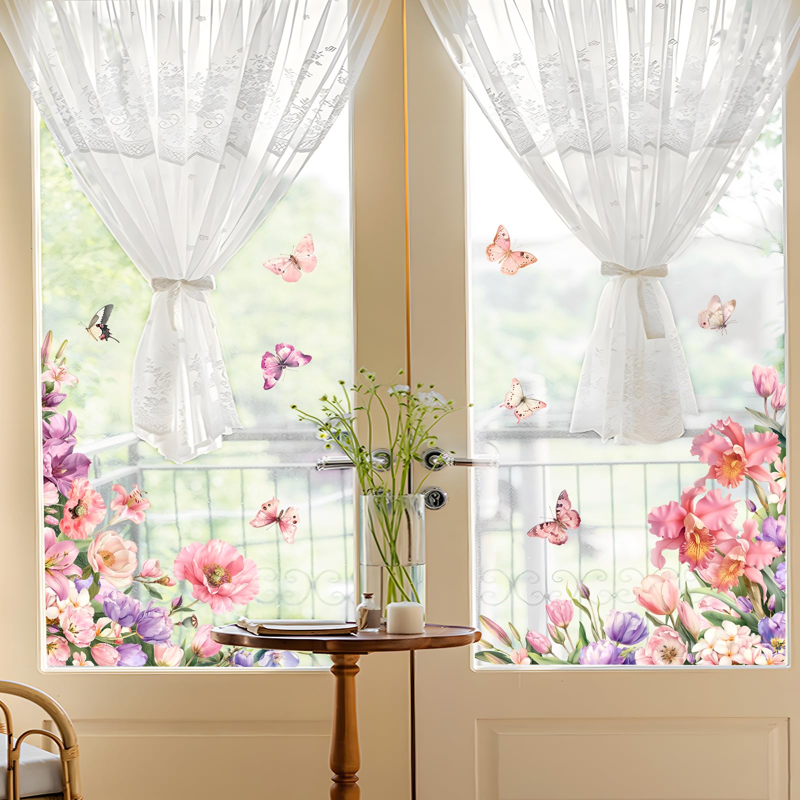 Tanlaby Pink Flowers Window Clings Spring Summer Floral Butterfly Window Stickers Double-Sided Static Sticker Anti-Collision Glass Decal for Mirror Glass Windows Doors Bathroom - Image 3