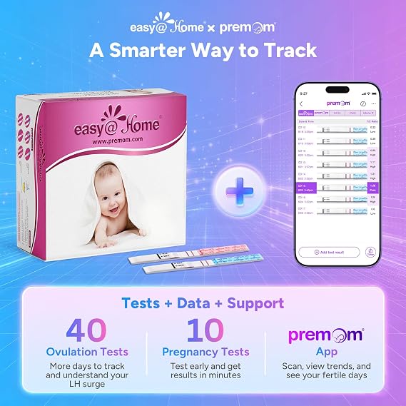 Easy@Home 40 Ovulation Test Strips and 10 Pregnancy Test Strips-Width of 5mm-Powered by Premom Ovulation Predictor iOS and Android App