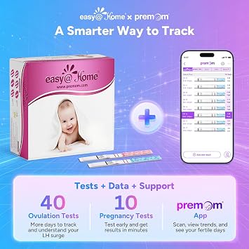 Easy@Home 40 Ovulation Test Strips and 10 Pregnancy Test Strips-Width of 5mm-Powered by Premom Ovulation Predictor iOS and Android App