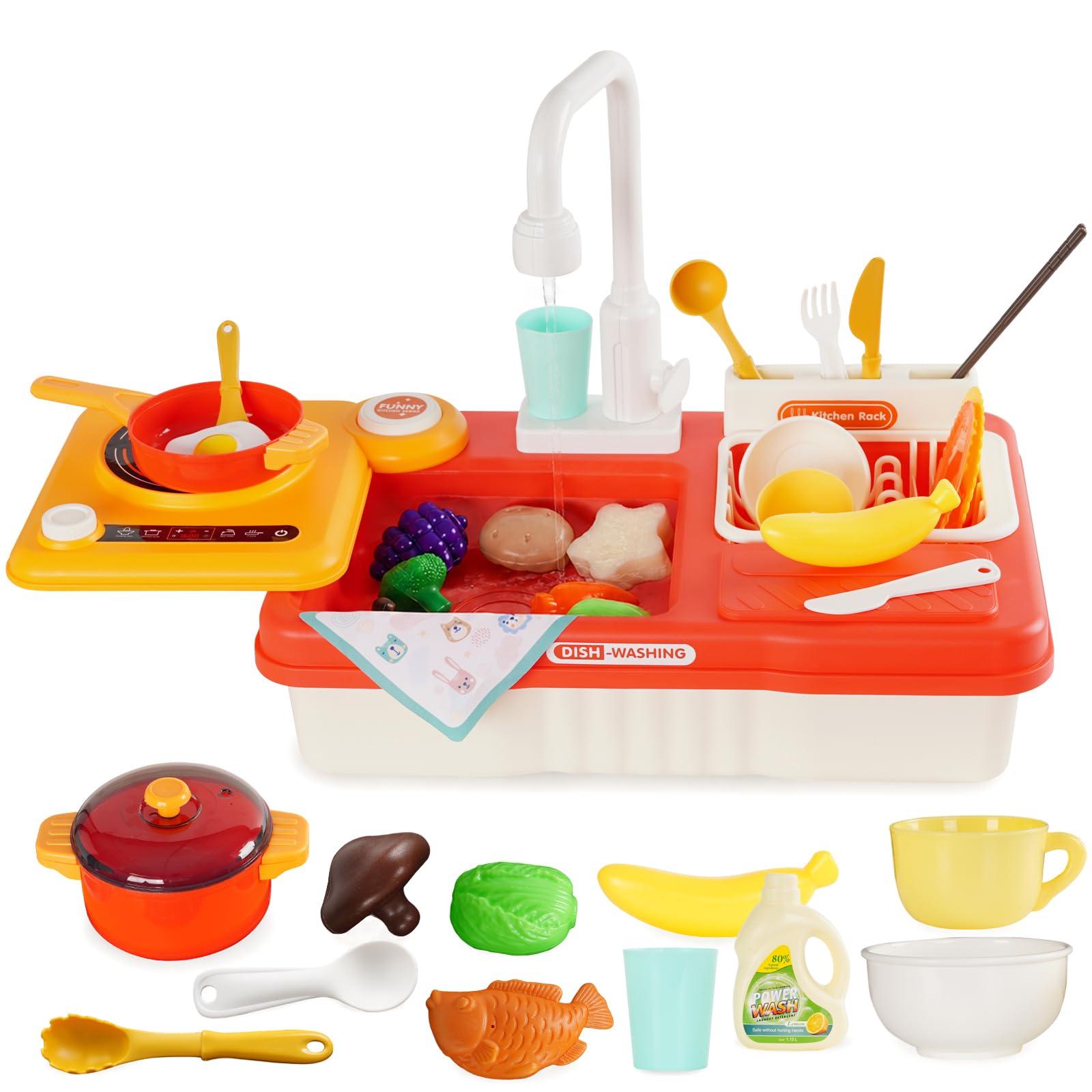 Ark miido Kids Pretend Play Kitchen Sink Toys with Simulation Cooktop, Realistic Faucet, Cookware, Play Food & Dish Accessories, Play Sink with Running Water toy Set for Toddlers Boys Girls (Red)