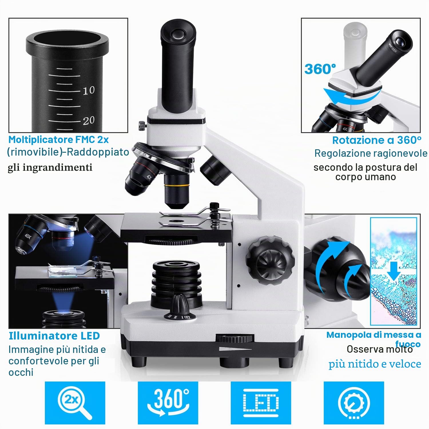 Microscopio Monoculare per Bambini Studenti,Ingrandimenti di 100-2000X Volte Microscopio Potente Biologico Istruttivo
