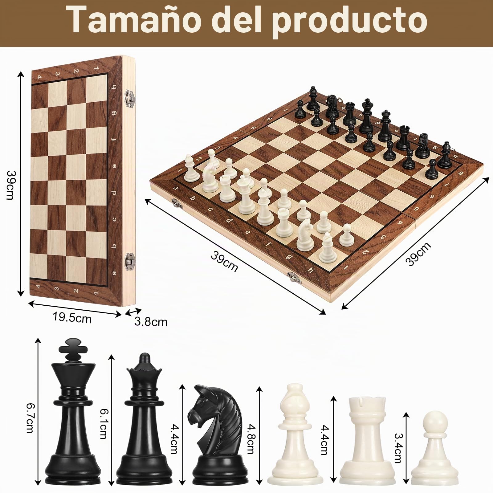 Mkitnvy Ajedrez Magnetico, 3 en 1 Ajedrez Madera Juego de Ajedrez Backgammon Damas, Portátil Plegable Tablero Ajedrez, Chess Board para Niños y Adultos Viaje (39×39cm), CX-GJXQ-39