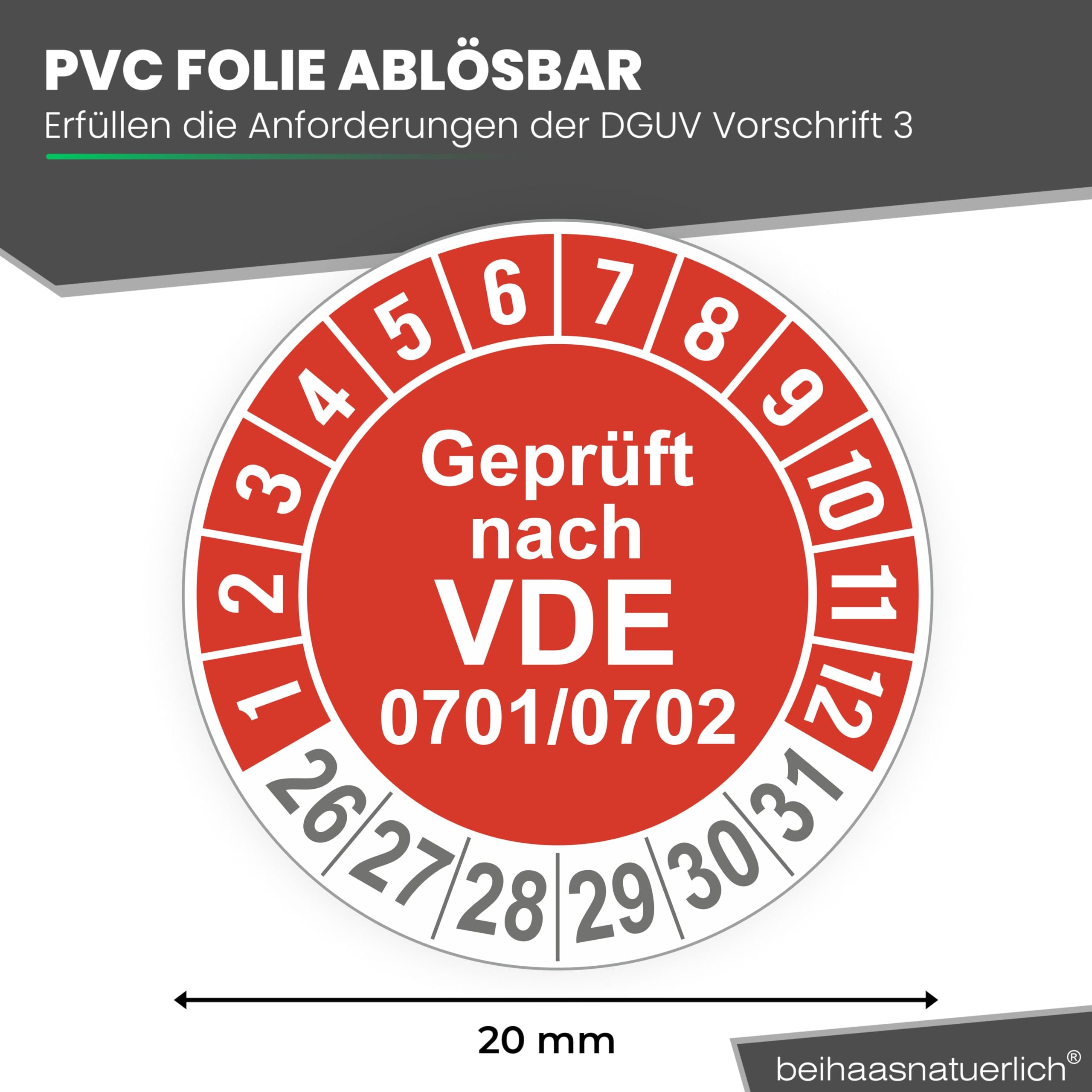 Fluxxx 560 Stk Prüfplaketten "Geprüft nach VDE", 20 mm Ø, Prüfetiketten nach DGUV V3, 2026-2031, selbstklebend, Prüfaufkleber, E-Check Prüfetikett, Plakette für Elektrogeräte (Rot, 5 Bogen)