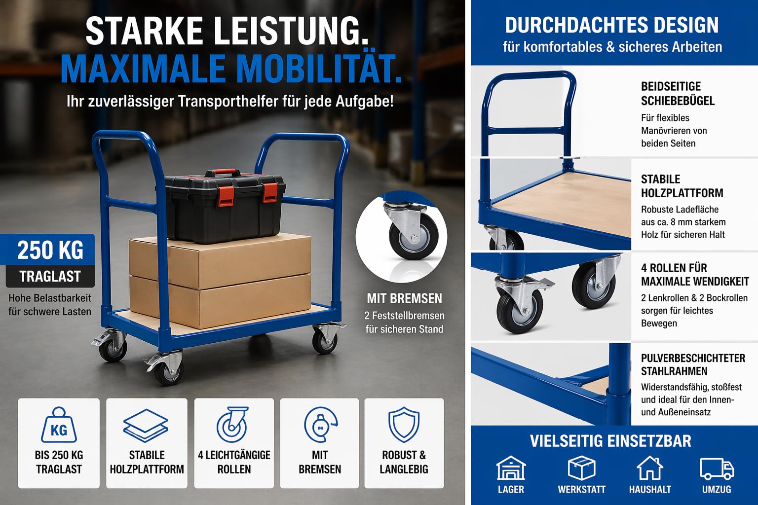 Plattformwagen Alina - 250 kg Traglast – Transportwagen blau mit Holzplattform & 4 Rollen mit Bremse – Werkstattwagen Lagerwagen mit 2 Schiebebügeln