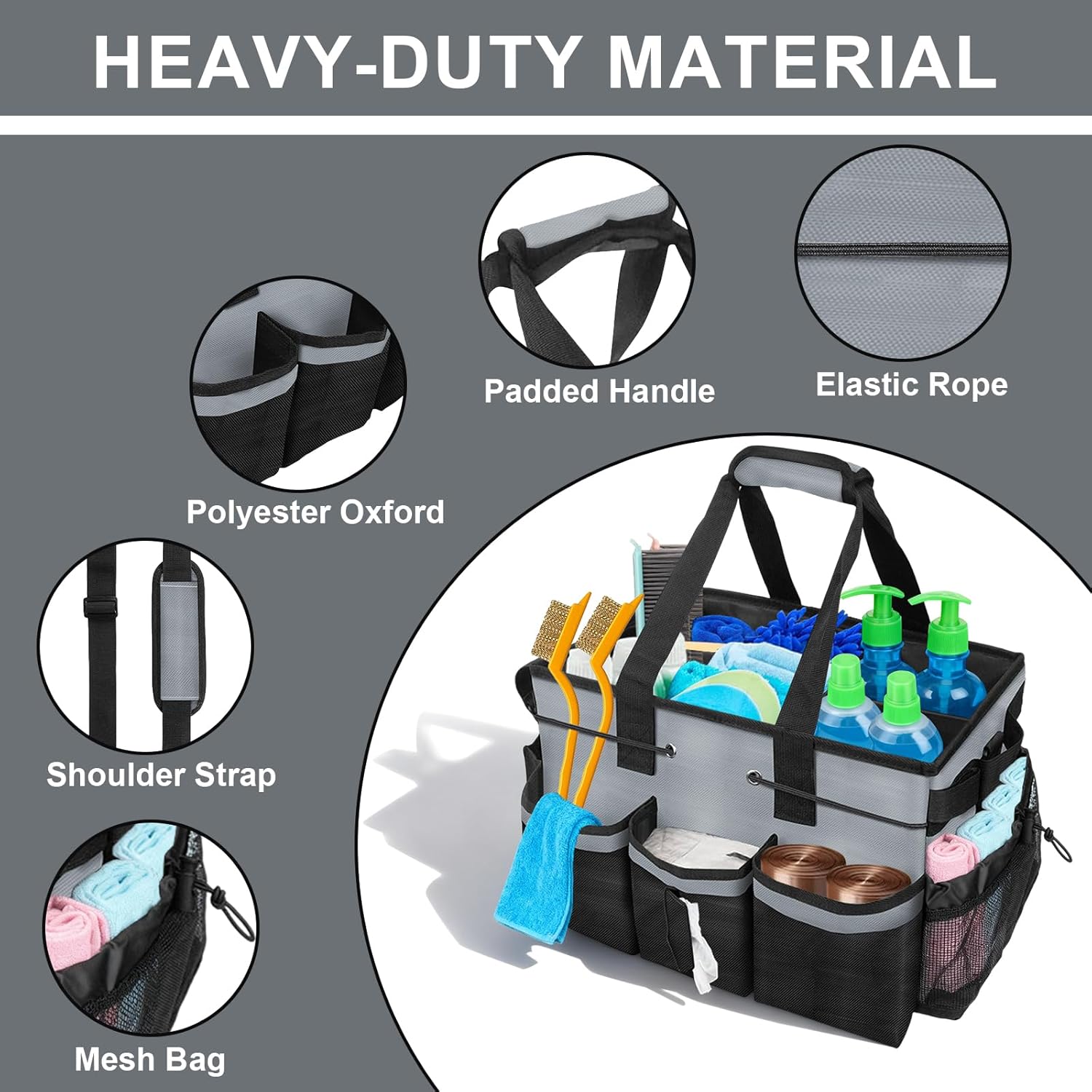 ALSLEA Large Cleaning Caddy Bag 15" x 10½" x 9" Heavy-Duty Organizer Tote for Home, Housekeepers, Janitors Cleaning Caddy for Cleaning Supplies with Shoulder Strap & Multiple Pockets (Gray)