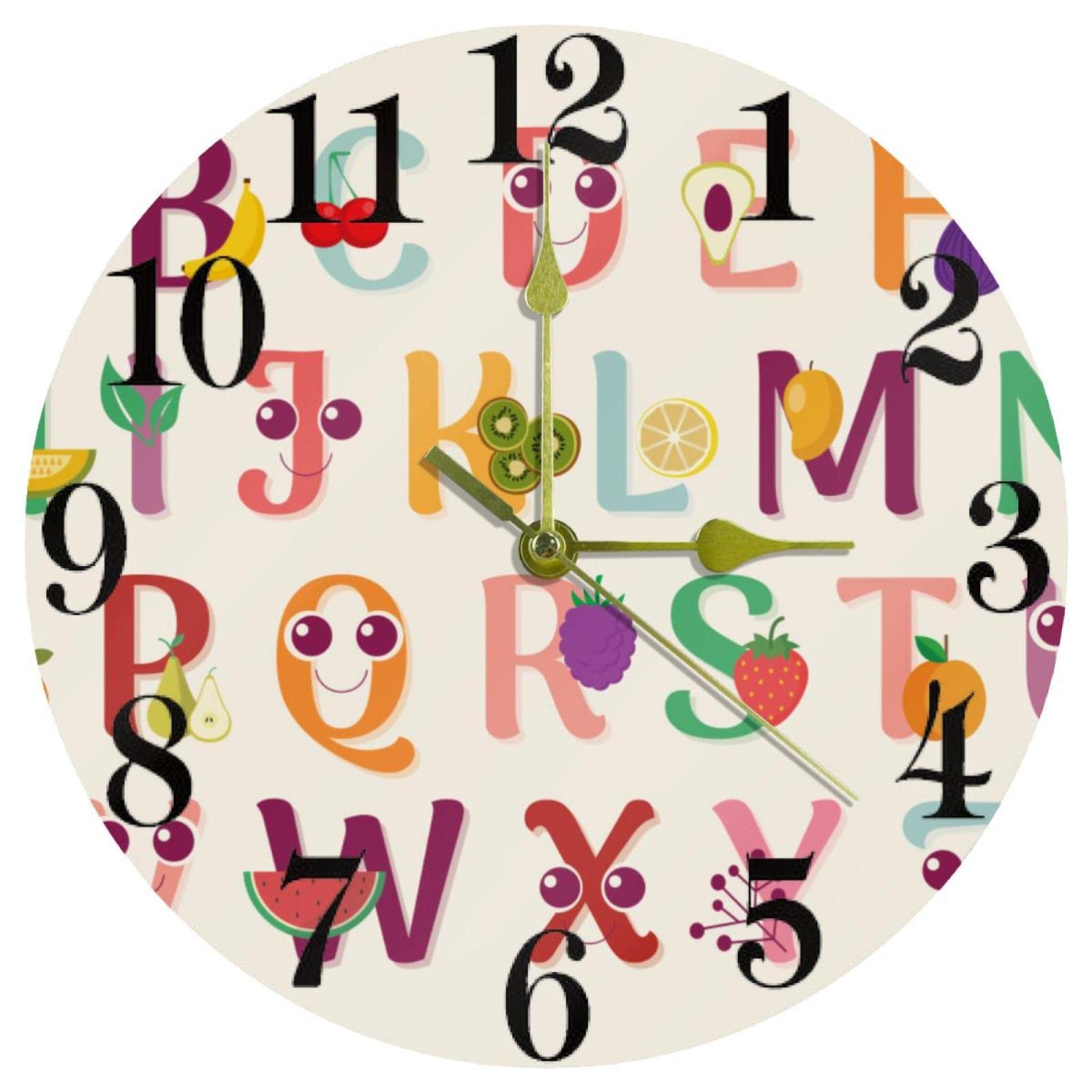 Horloge murale pour la cuisine et l'école style alphabet fruité de 25,4 cm