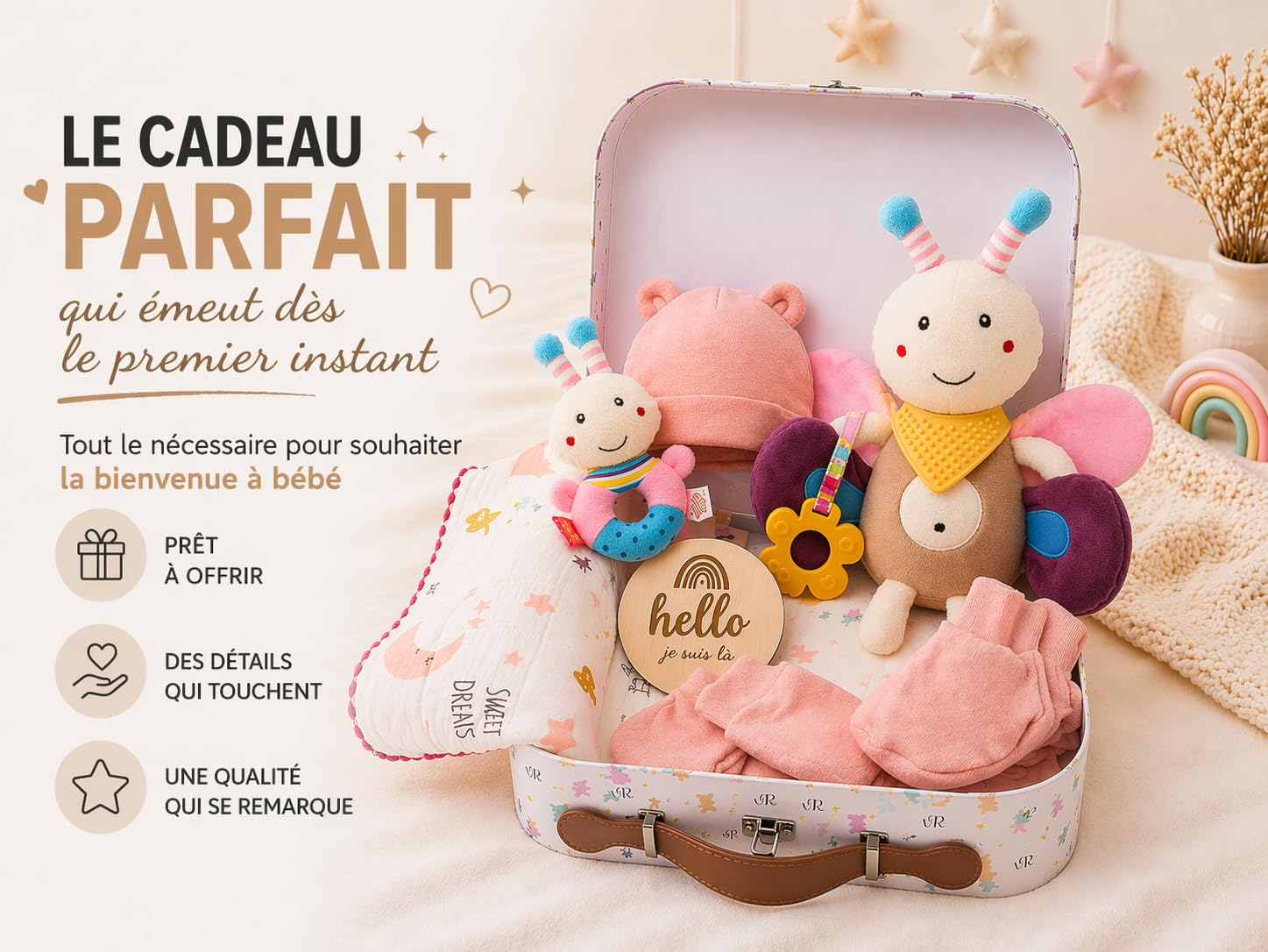 Coffret Cadeau de Naissance Bébé – Cadeau pour Nouveau-né avec Peluche, Hochet et Accessoires – Fille et Garçon (rose)