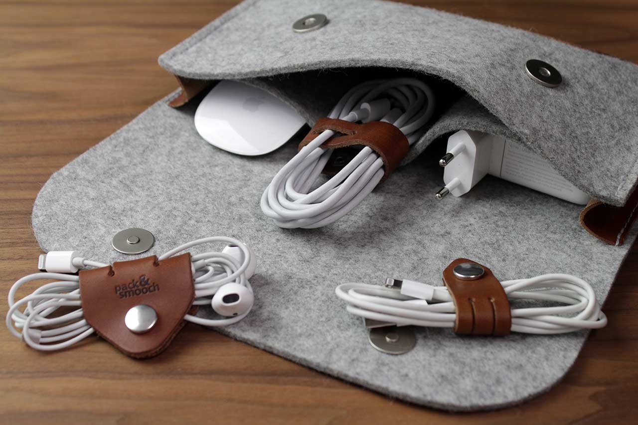 Pack & Smooch Kabel Organizer Set Leder Hellbraun Handmade | Italienisches Leder | 4er Set | Made in Germany