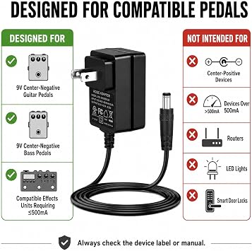 AITONE 9V DC Guitar Pedal Power Supply, 500mA, Tip Negative, 5.5x2.1mm | Center-negative 9V DC adapter for compatible pedals; 5.5 x 2.1mm plug, 500mA max. Check all specs before ordering.