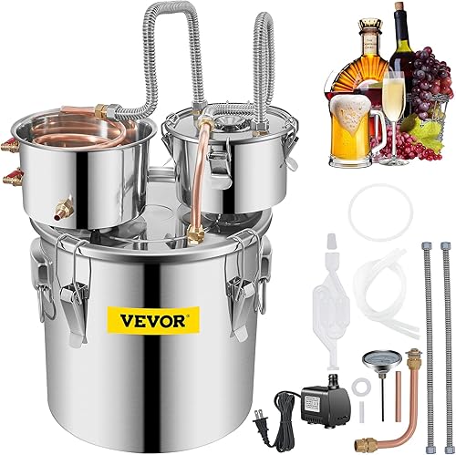 VEVOR Alcohol Still 8 galones/30L, Destilador de alcohol con barril Thumper, kit de destilería para alcohol con tubo de cobre y termómetro integrado