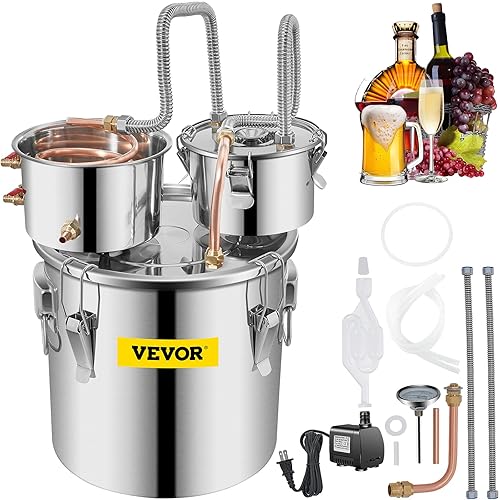 VEVOR Destilador de Alcohol 8GAL/30L, Destilador de Alcohol con Barrica Golondrina, Kit de Destilerías para Alcohol con Tubo de Cobre y Termómetro Integrado y Bomba de Agua