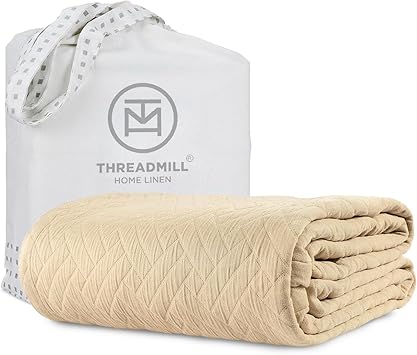 Threadmill Luxury Cotton Blankets for Queen Size Bed | All-Season 100% Cotton Queen Size Blanket | Criss Cross Jacquard Cozy Lightweight, Soft Breathable Coverlet fits Full Size Bed, 90x92 | Beige