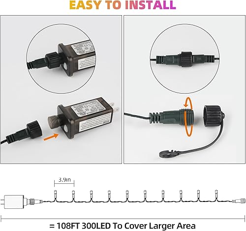 Miniatura 9 de Chuya 300 luces LED para árbol de Navidad que cambian de color, blanco cálido a multicolor, enchufe de extremo a extremo, 11 modos, tira de luces de