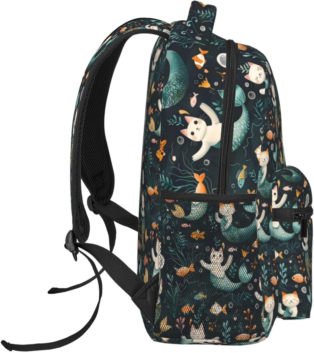Cute Mermaid Cat Casual Backpack, Lightweight Laptop Bag Daypack, Adorable Kitten Backpacks for Women Men Teens Students, Ocean Polyester Bookbag Gifts for School Work Travel Hiking