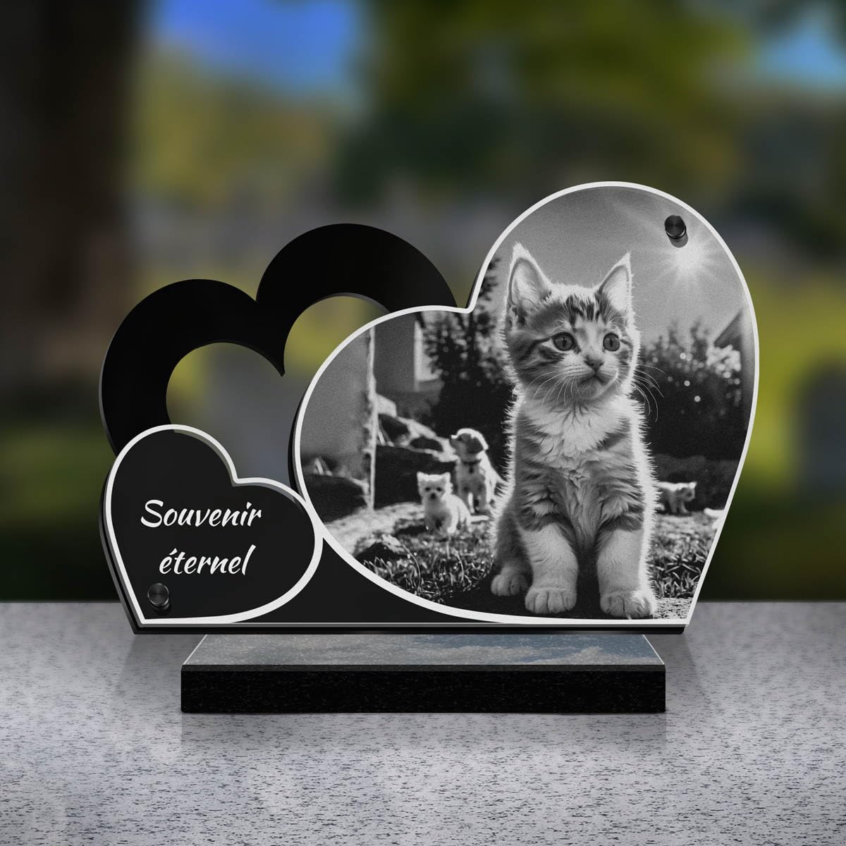 ETERNEL - Plaque Funéraire Personnalisée Double Cœur - Chaton, Chat, Animal - Texte Personnalisable, Plaque Funéraire Gravée au Laser pour Hommage, Plaque Tombale, Mortuaire, Cérémonie, Commémoration