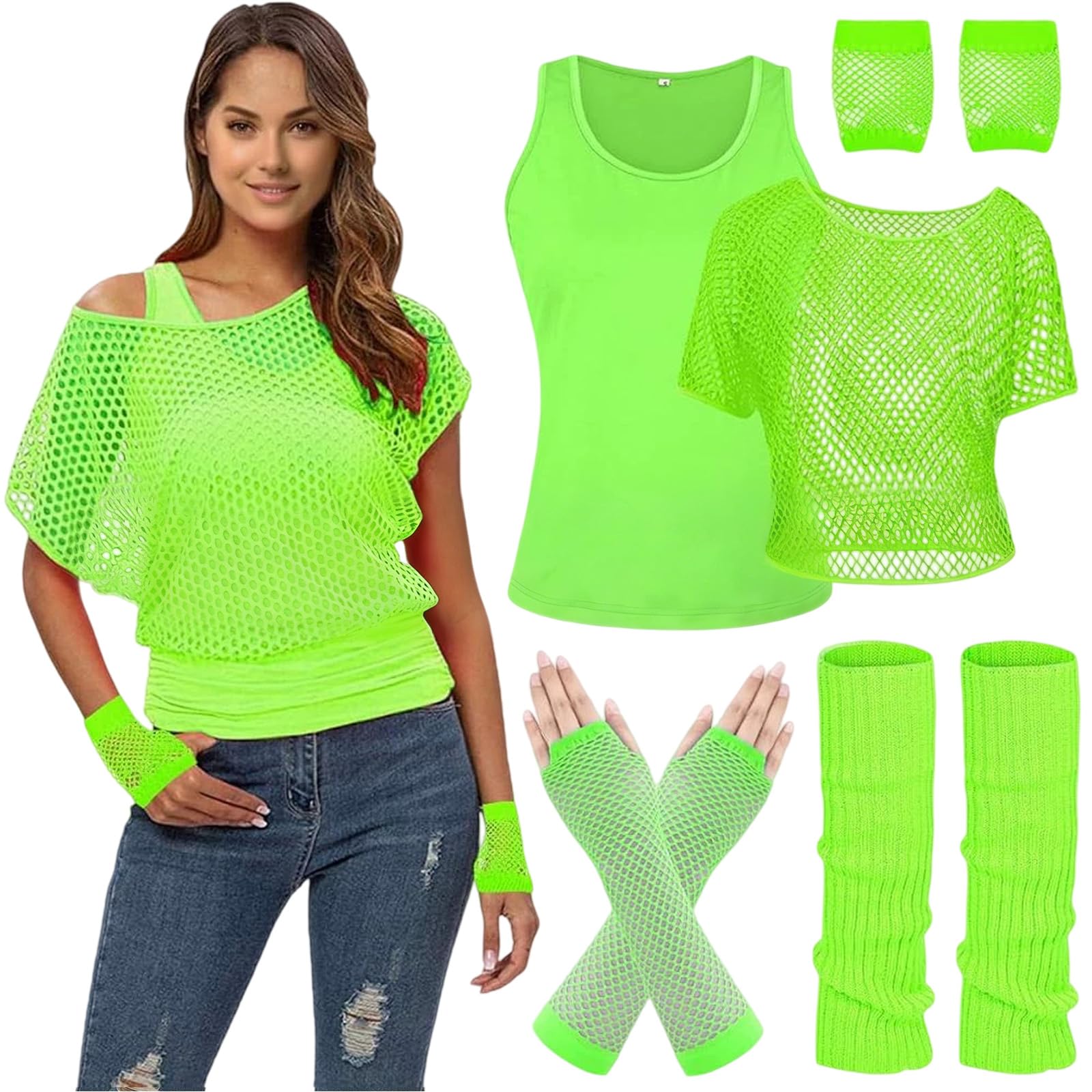 MUNSKT Women's Neon Outfit, 80s 90s Fishnet T-Shirt Sleeveless Top with Gloves Leg Warmers