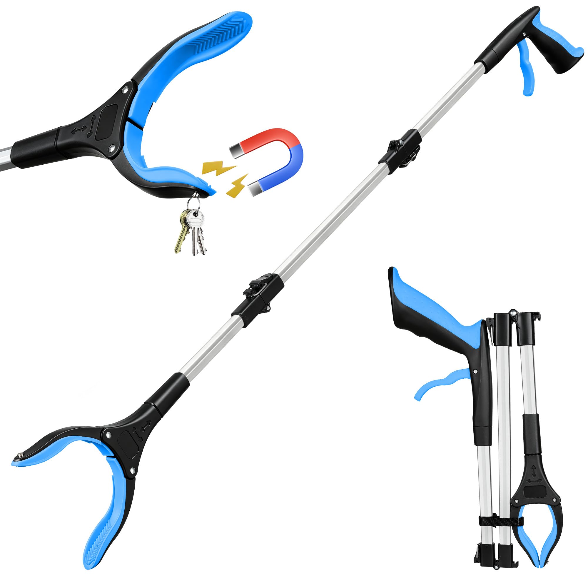 bemece Greifzange für Senioren, Greifzange mit Magnetspitzen, 76cm Müll Greifer - Blau + Orange
